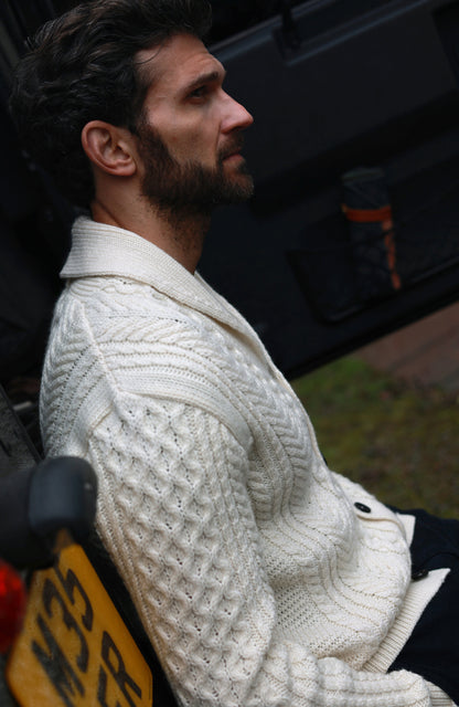 Mens Chunky Merino Wool Shawl Collar Cable Cardigan