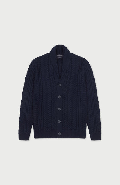 Mens Chunky Merino Wool Shawl Collar Cable Cardigan