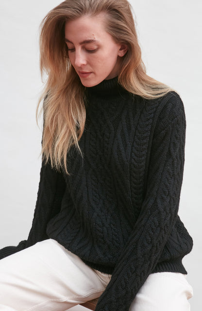 Womens Chunky Merino Wool Roll Neck Cable Jumper