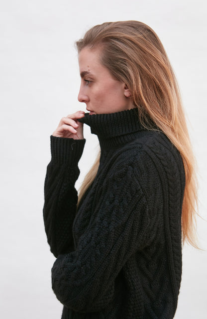 Womens Chunky Merino Wool Roll Neck Cable Jumper