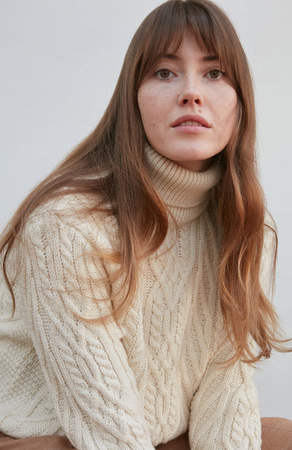 Womens Chunky Merino Wool Roll Neck Cable Jumper