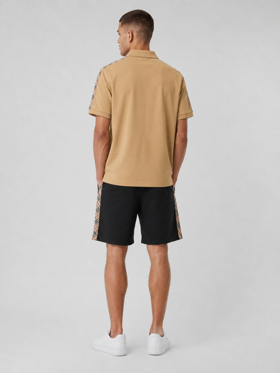Beige Polo Shirt & Shorts Set – Plaid Side Detail
