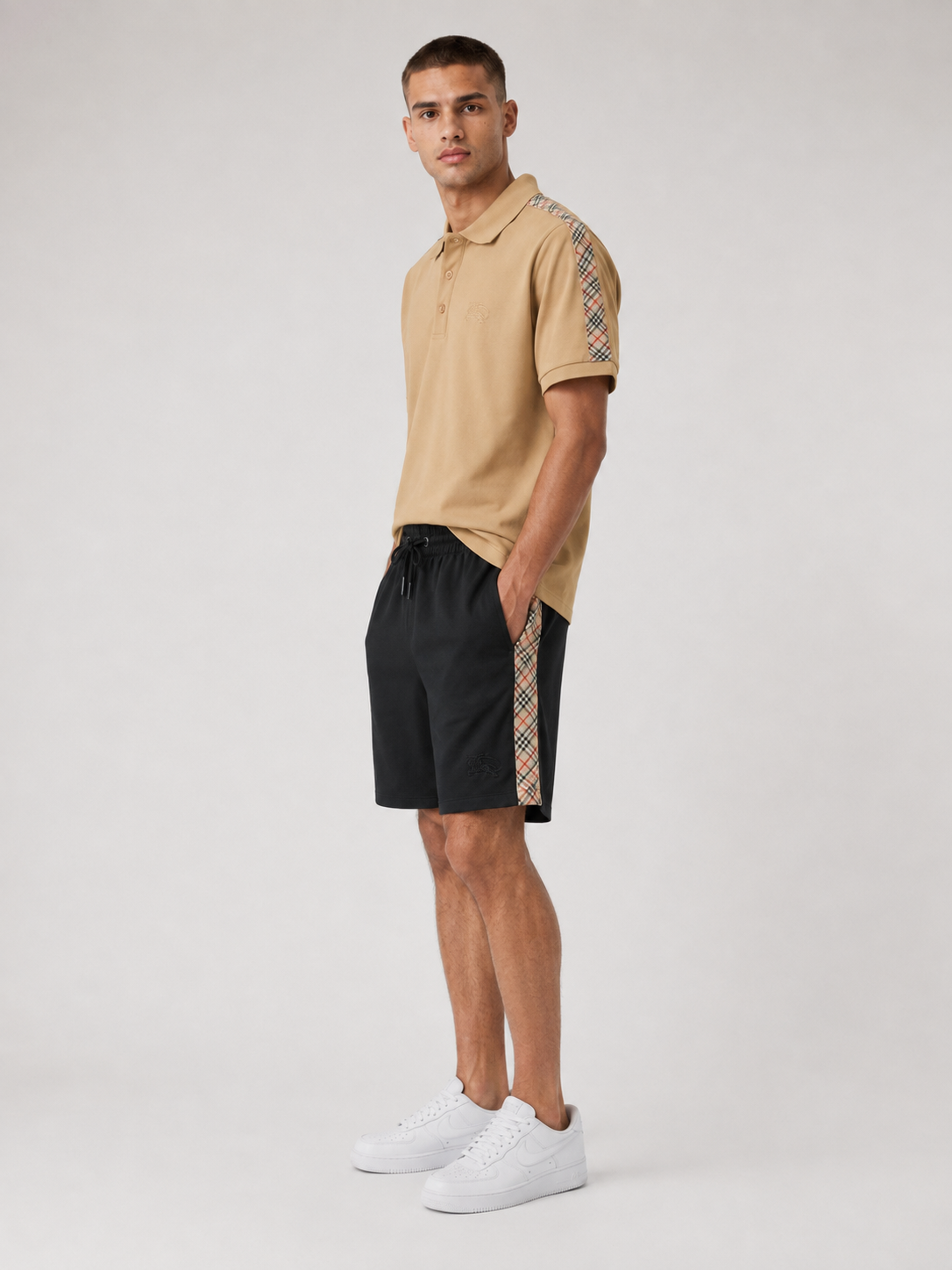 Beige Polo Shirt & Shorts Set – Plaid Side Detail