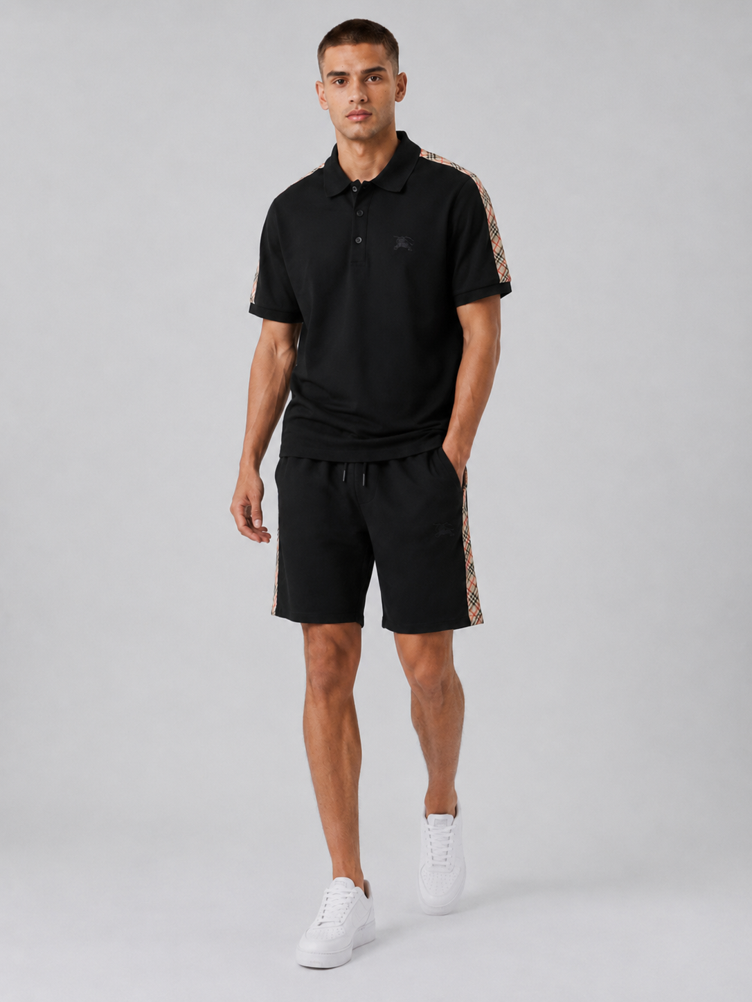 Black Polo Shirt & Shorts Set – Plaid Side Detail