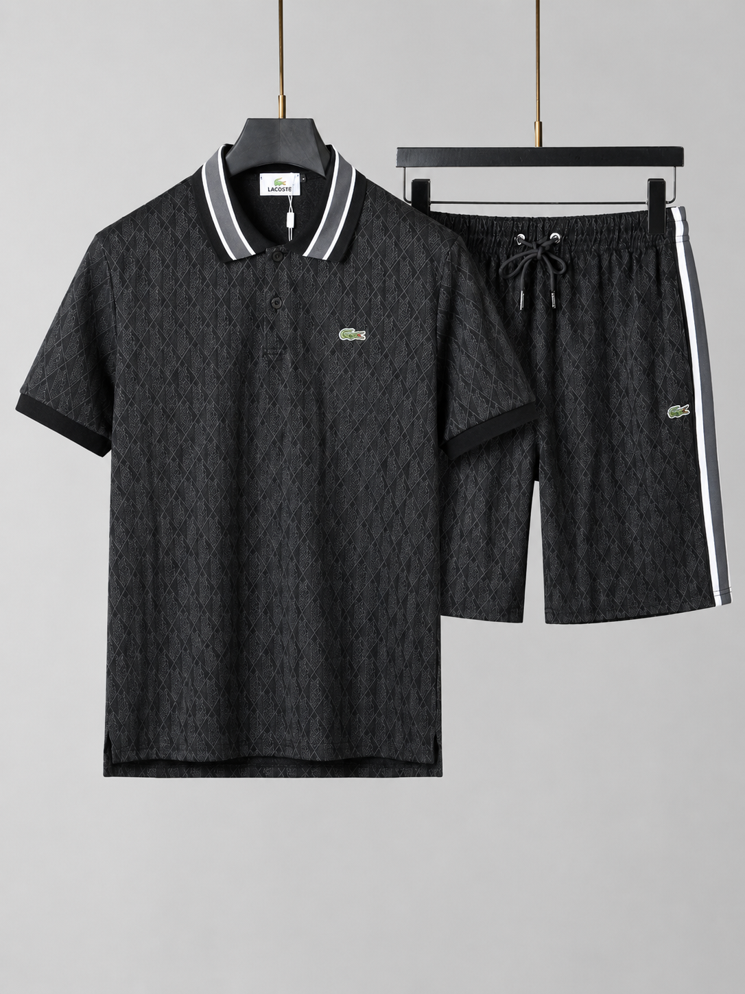 Striped Collar Black Printed Cotton T-Shirt & Shorts Set