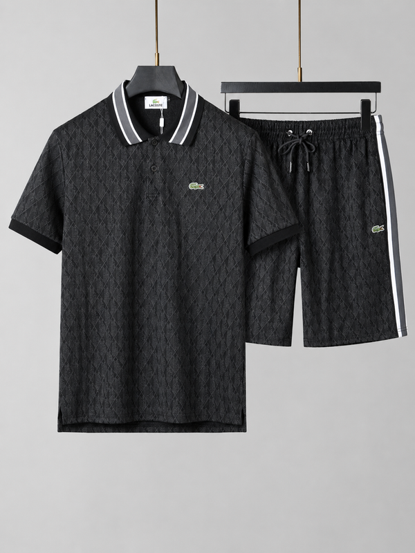 Striped Collar Black Printed Cotton T-Shirt & Shorts Set