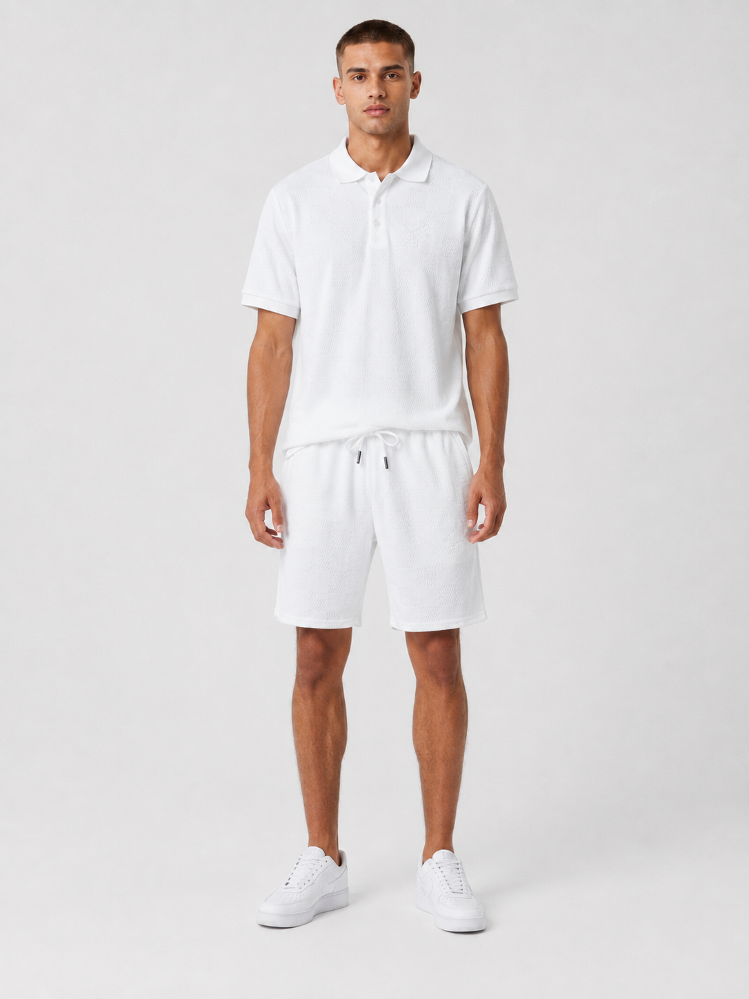 White Textured Polo Shirt & Shorts Set
