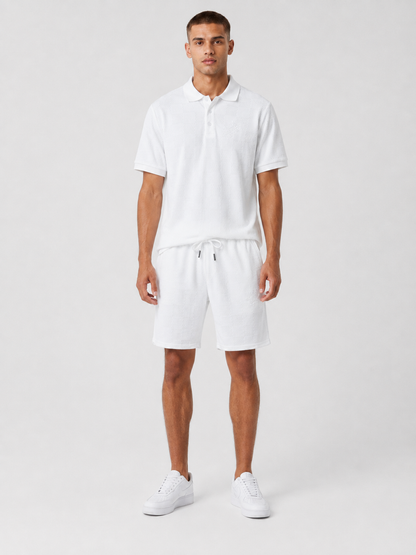 White Textured Polo Shirt & Shorts Set
