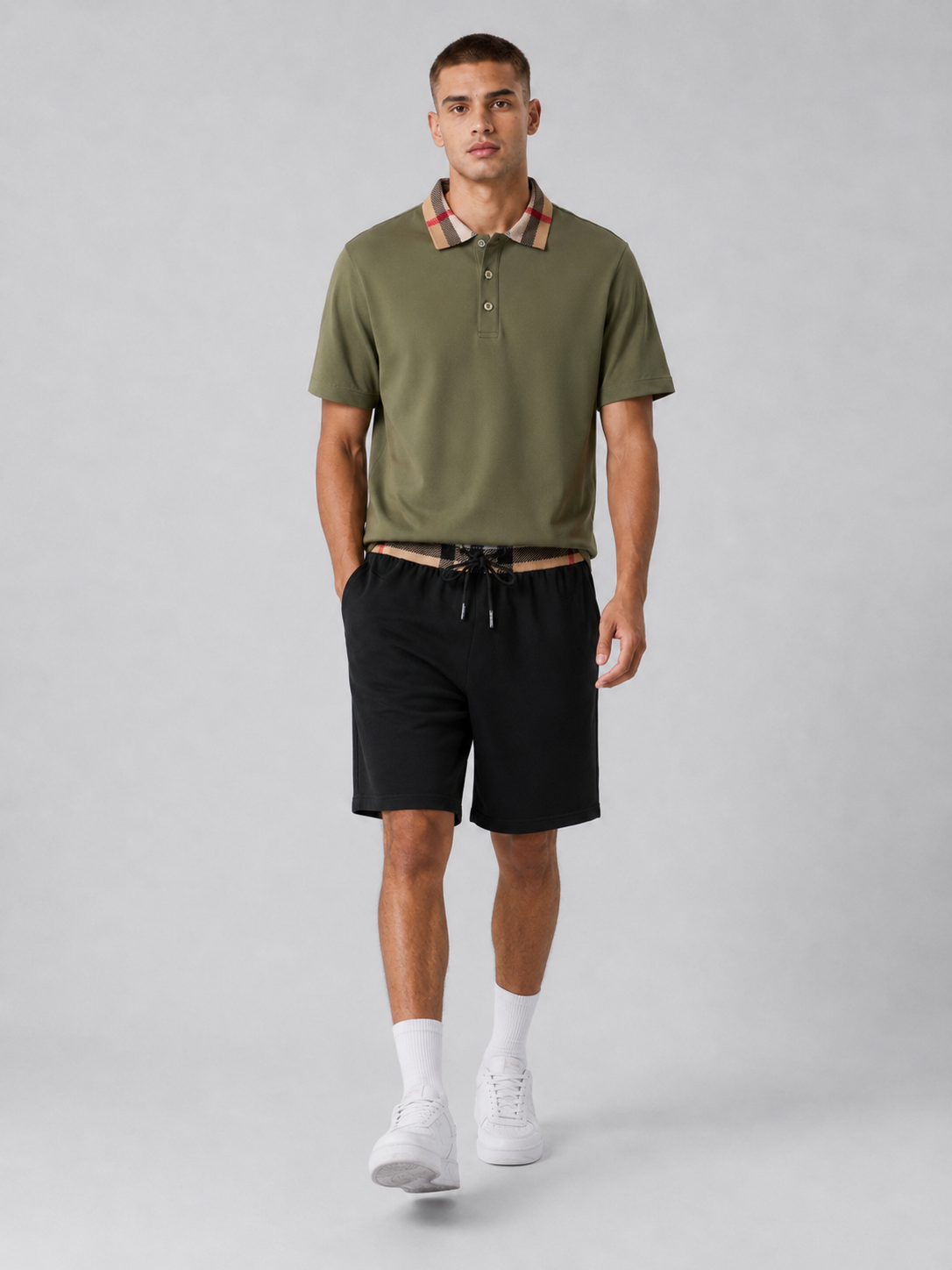 Olive Green Polo Shirt & Shorts Two-Piece Set