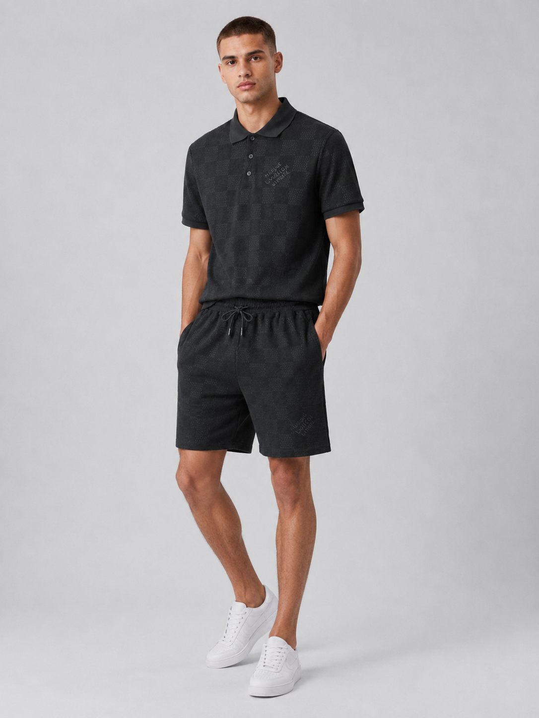 Black Textured Polo Shirt & Shorts Set