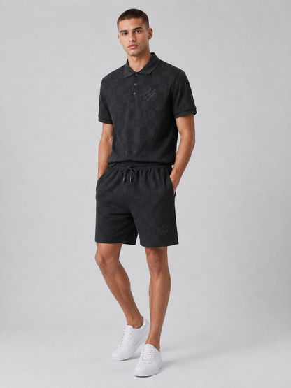 Black Textured Polo Shirt & Shorts Set