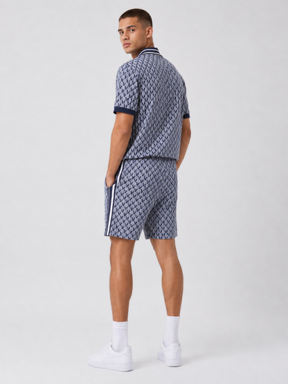 Navy Geometric Polo Shirt & Shorts Set