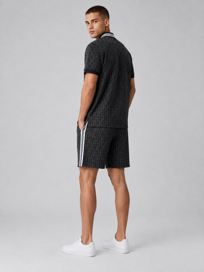 Striped Collar Black Printed Cotton T-Shirt & Shorts Set