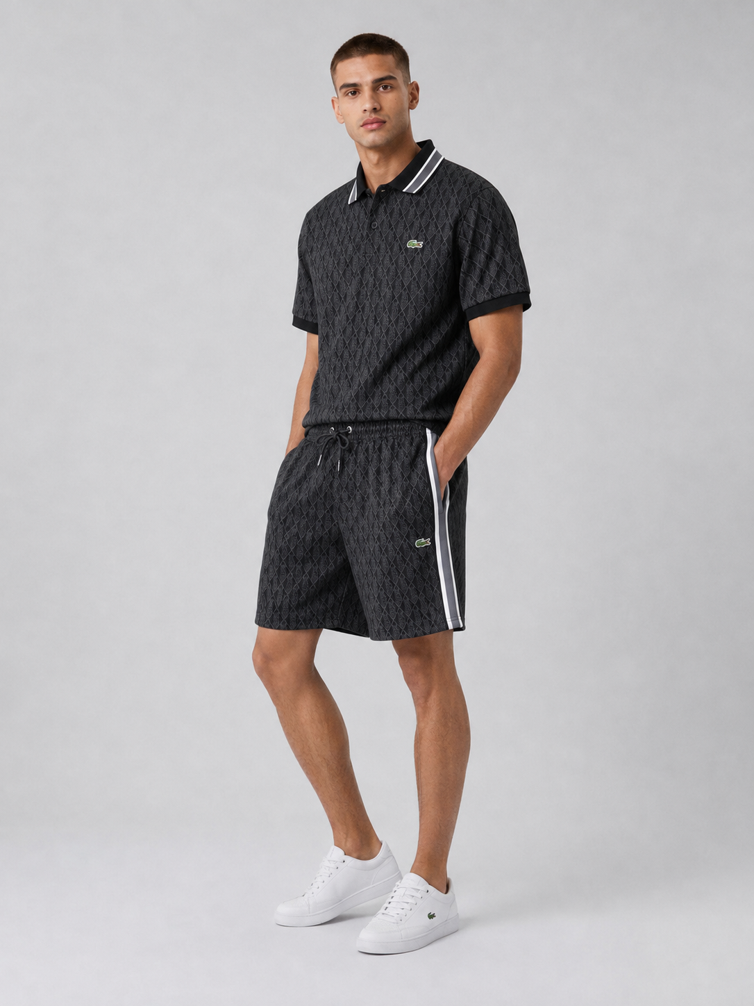 Striped Collar Black Printed Cotton T-Shirt & Shorts Set