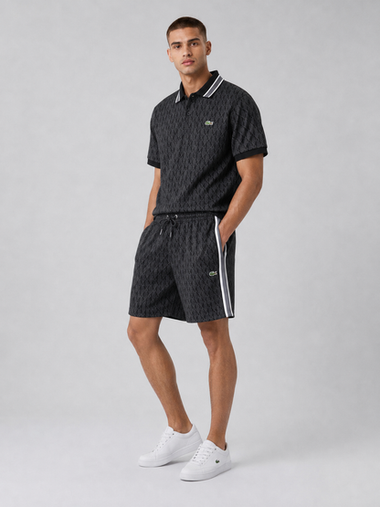 Striped Collar Black Printed Cotton T-Shirt & Shorts Set