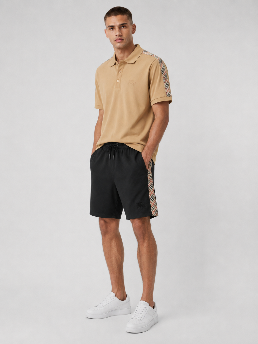 Beige Polo Shirt & Shorts Set – Plaid Side Detail