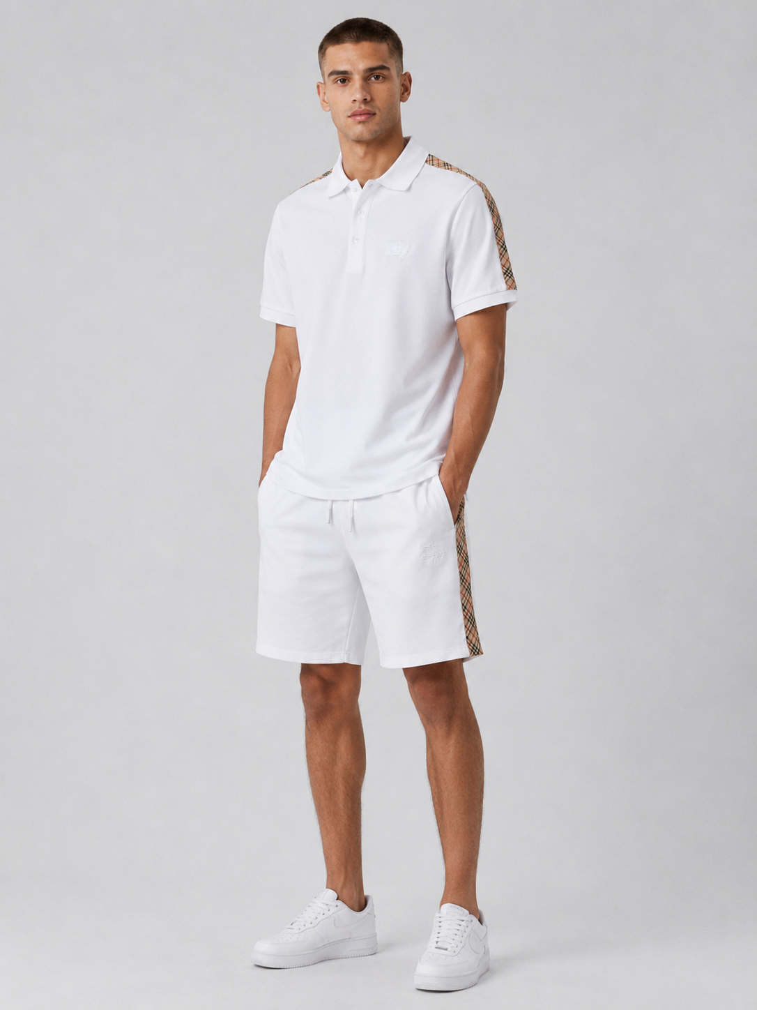 White Polo Shirt & Shorts Set – Plaid Side Detail
