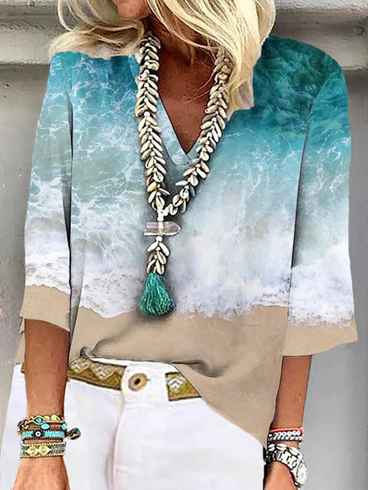 Ocean wave print loose fit V-neck top for women | Marisela