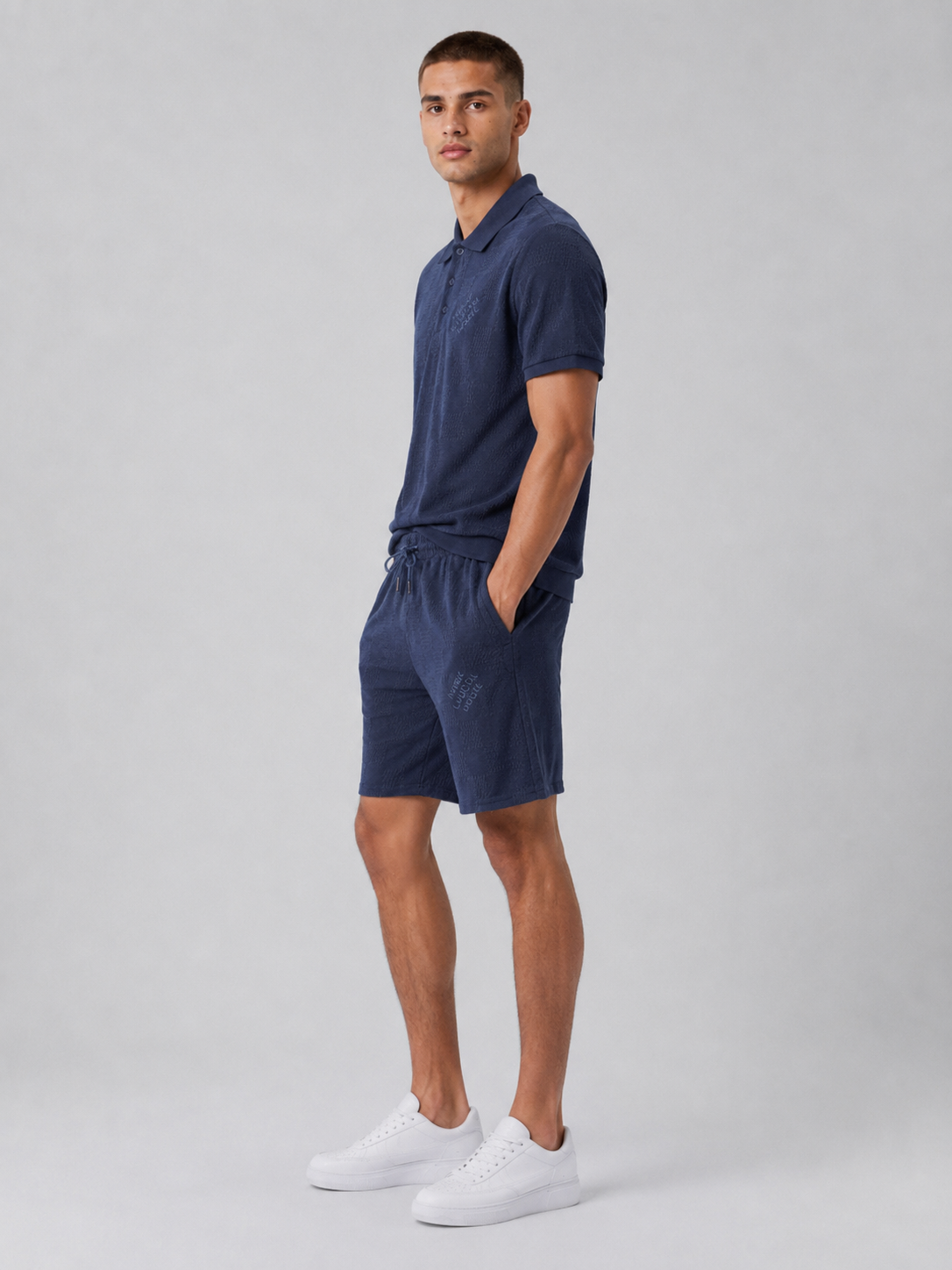 Navy Textured Polo Shirt & Shorts Set