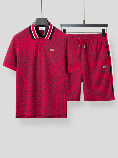 Striped Collar Red Printed Cotton T-Shirt & Shorts Set