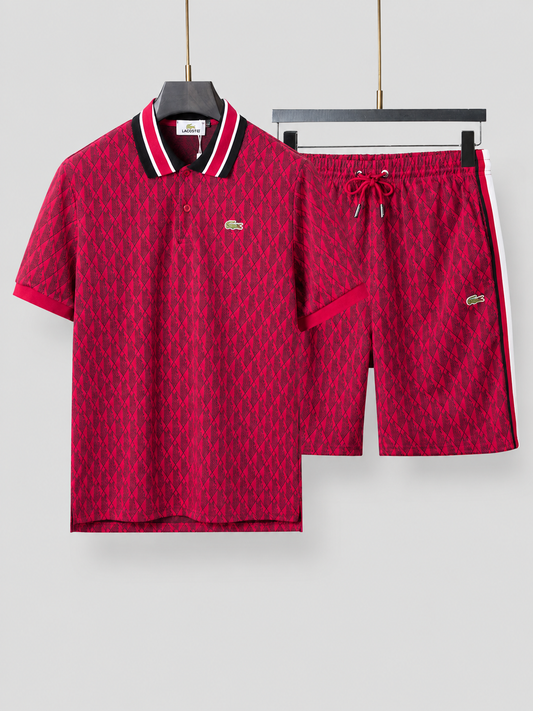 Striped Collar Red Printed Cotton T-Shirt & Shorts Set