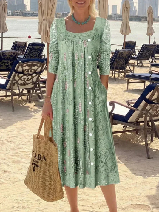 Fresh green square neck midi dress for women | Emeraude