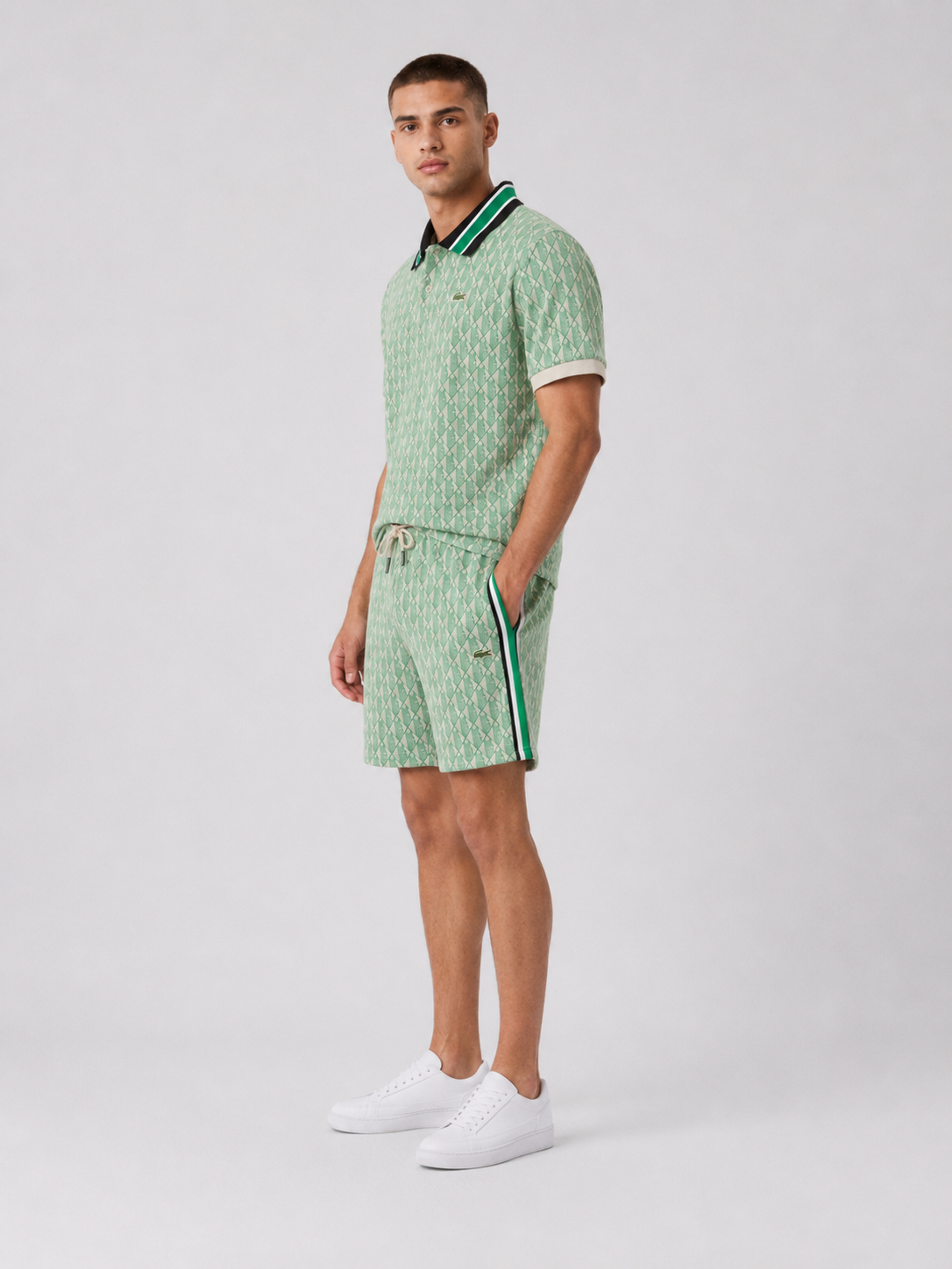 Striped Collar Lime Green Printed Cotton T-Shirt & Shorts Set