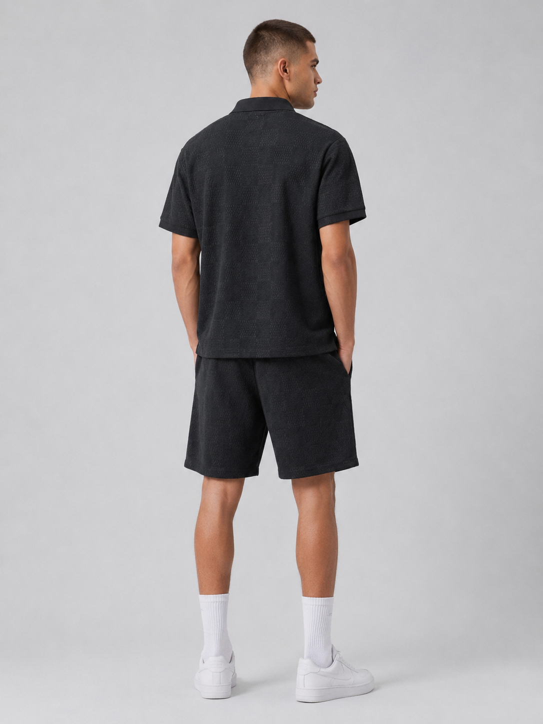 Black Textured Polo Shirt & Shorts Set