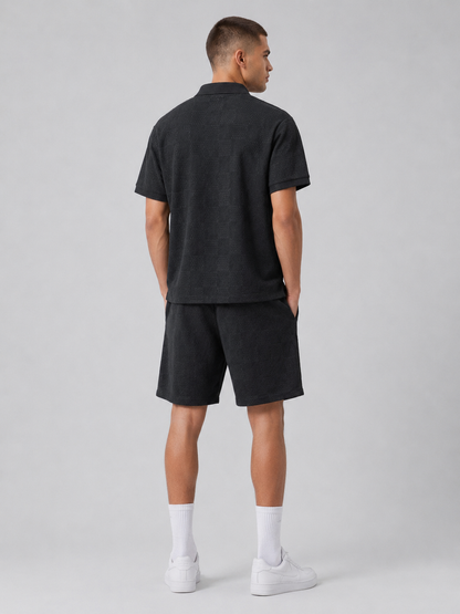 Black Textured Polo Shirt & Shorts Set