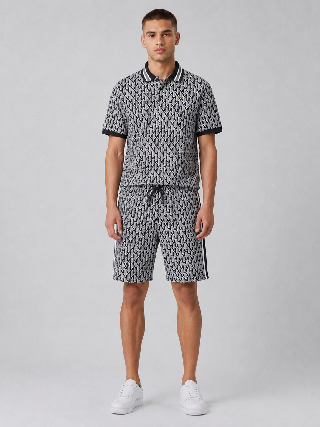 Black & White Geometric Polo Shirt & Shorts Set