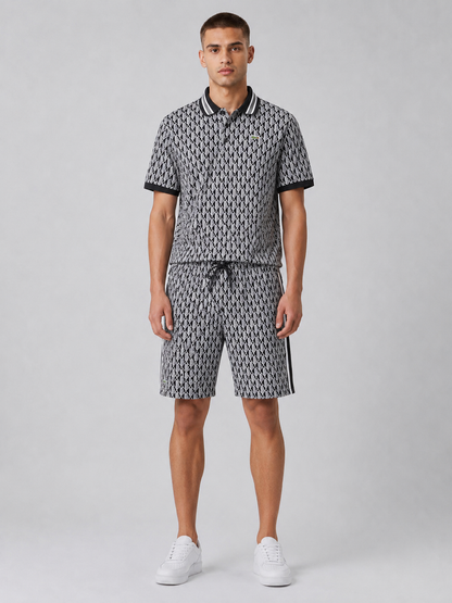 Black & White Geometric Polo Shirt & Shorts Set