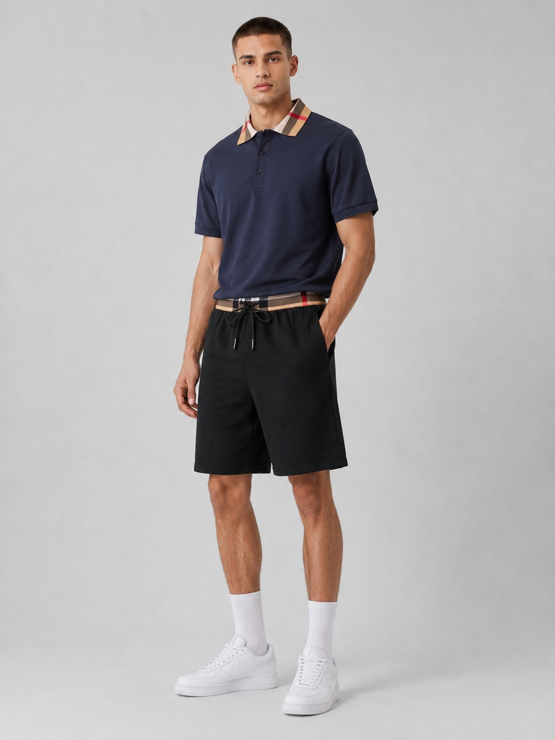 Navy Blue Polo Shirt & Shorts Two-Piece Set
