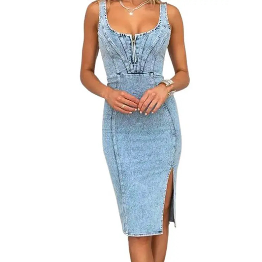 Slim-fit denim side-slit midi dress for women | Tatiana