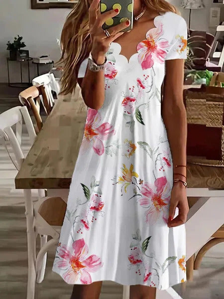 Scallop neck floral A-line summer dress for women | Marigold