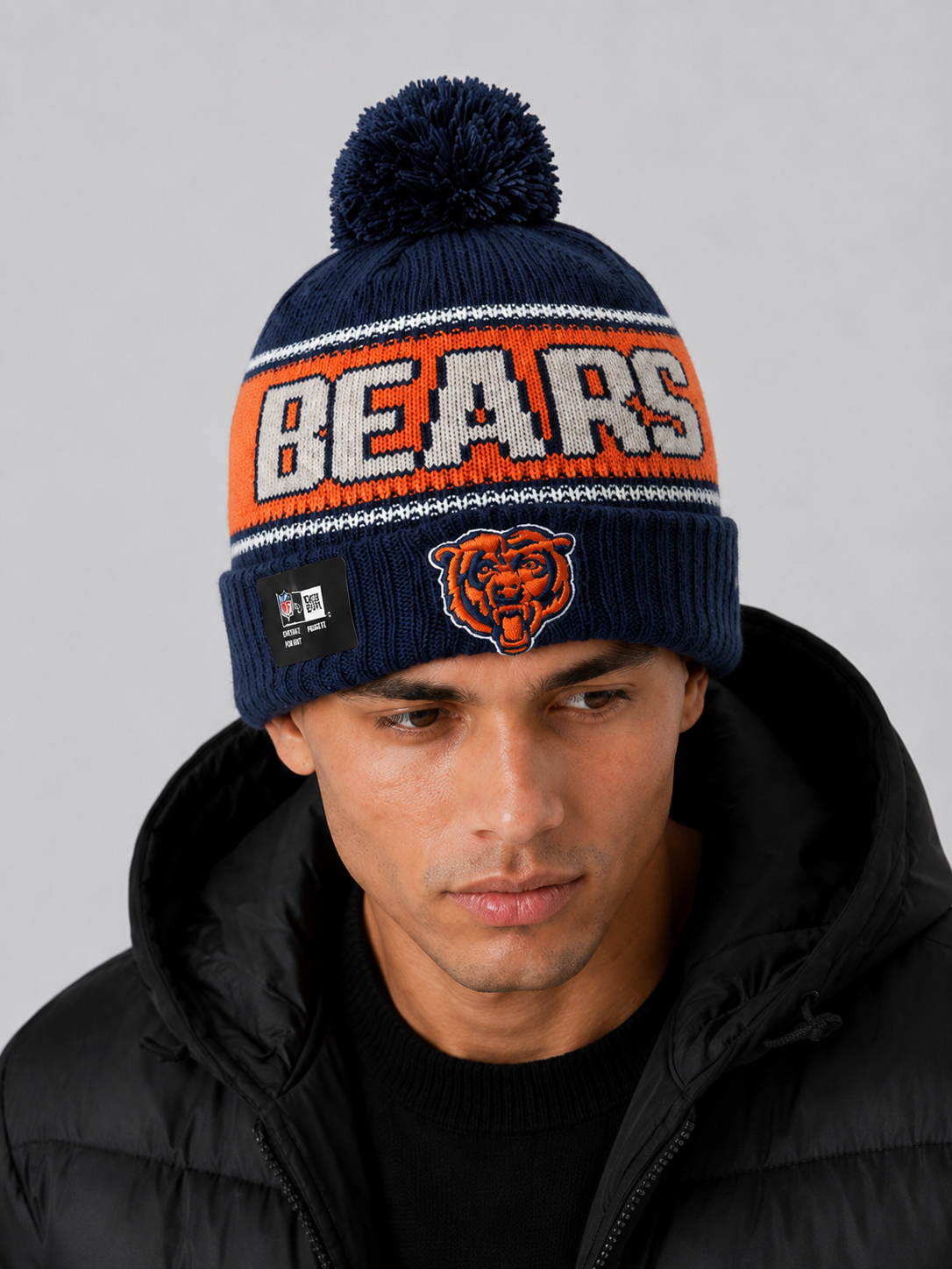 Chicago Bears Era Navy Striped Cuffed Knit Hat with Pom