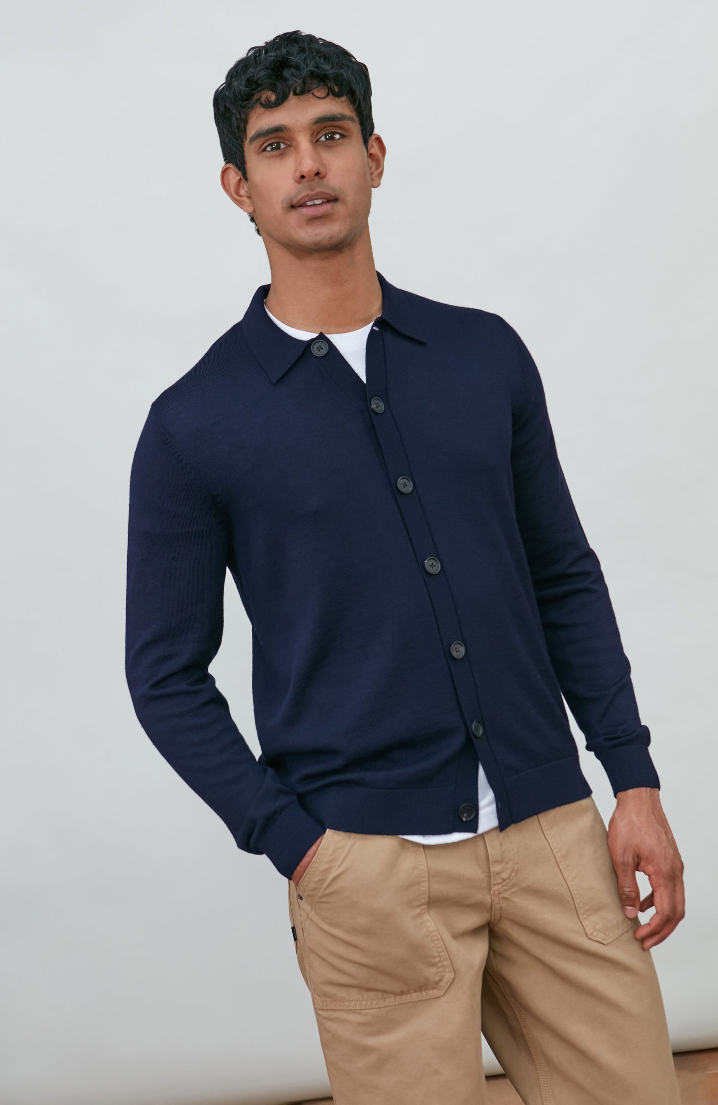 Mens Extra Fine Merino Wool Polo Cardigan