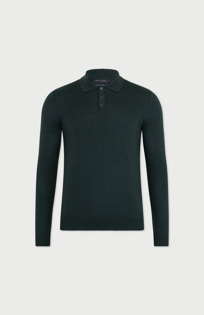 Mens Extra Fine Merino Wool Long Sleeve Polo Shirt