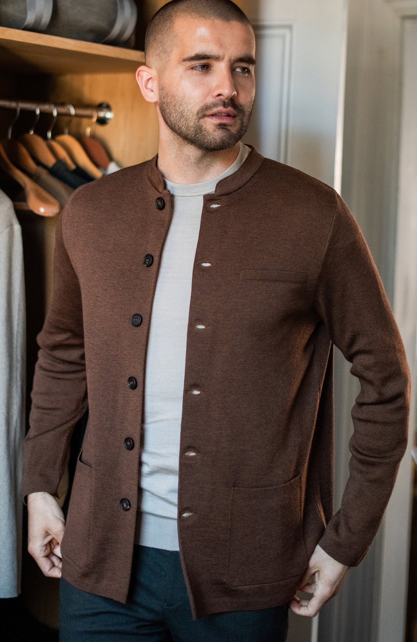 Mens Extra Fine Merino Wool Knitted Nehru Jacket
