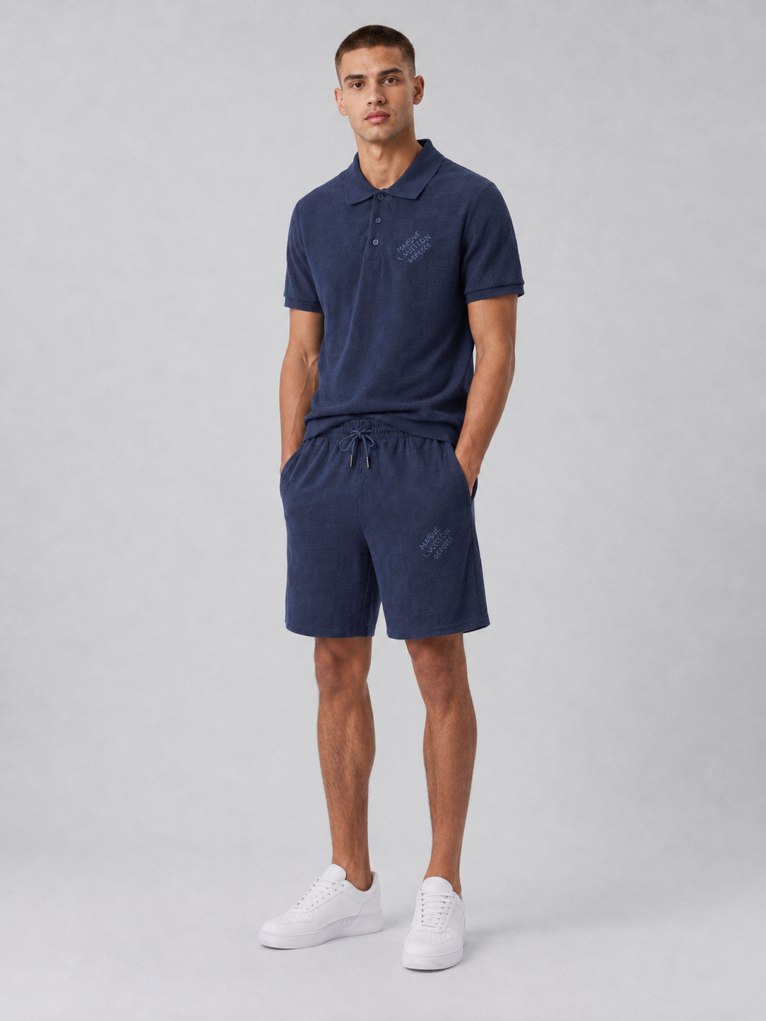 Navy Textured Polo Shirt & Shorts Set