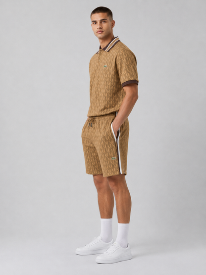 Striped Collar Brown Cotton T-Shirt & Shorts Set