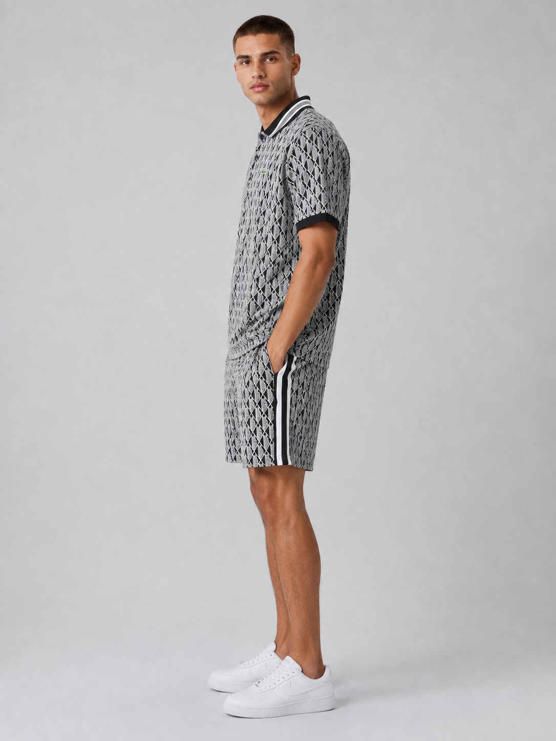 Black & White Geometric Polo Shirt & Shorts Set