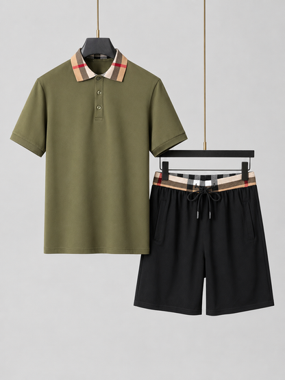 Olive Green Polo Shirt & Shorts Two-Piece Set