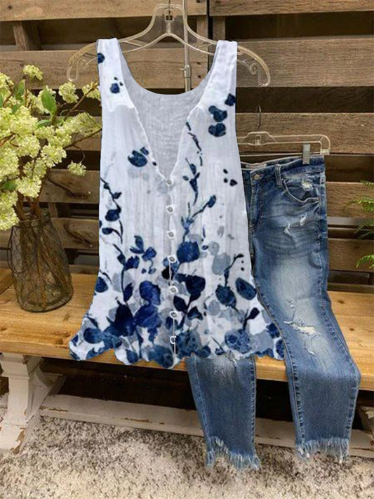 Casual sleeveless floral V-neck blouse for women | Marisol