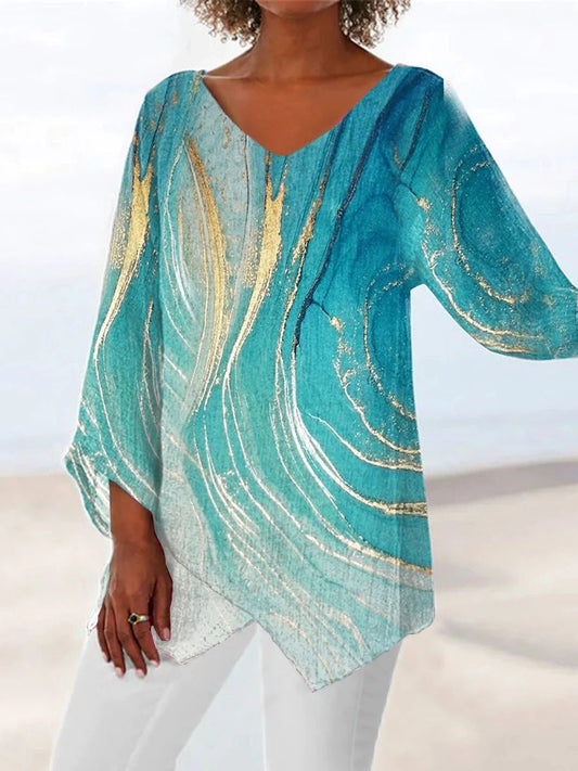 Turquoise print asymmetrical hem blouse for women | Marisela