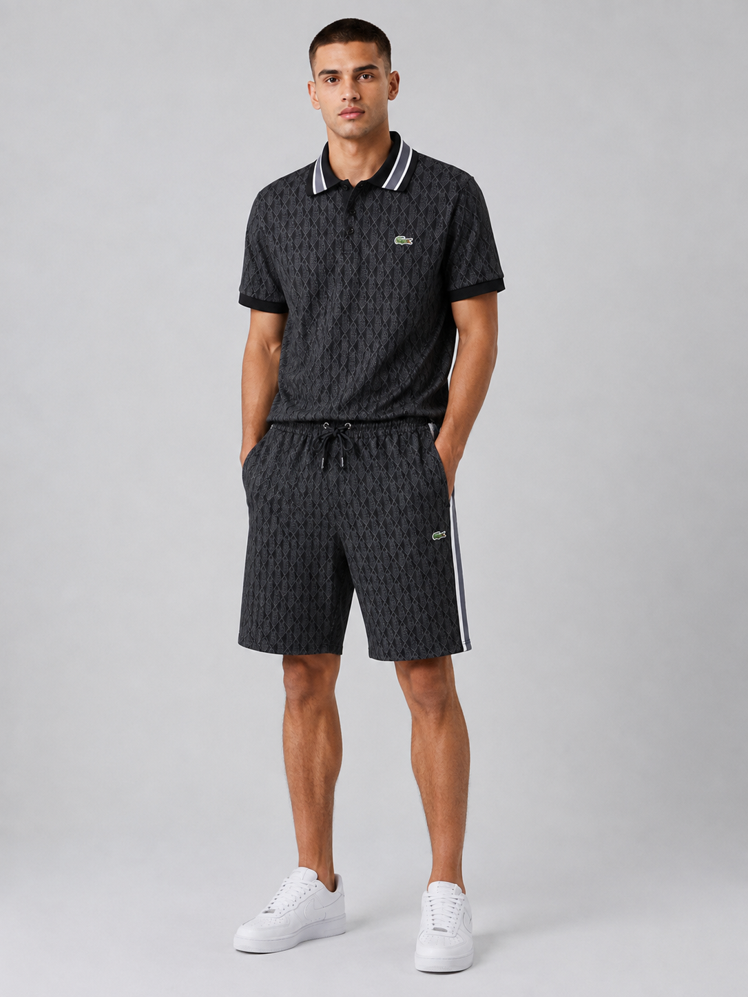 Striped Collar Black Printed Cotton T-Shirt & Shorts Set