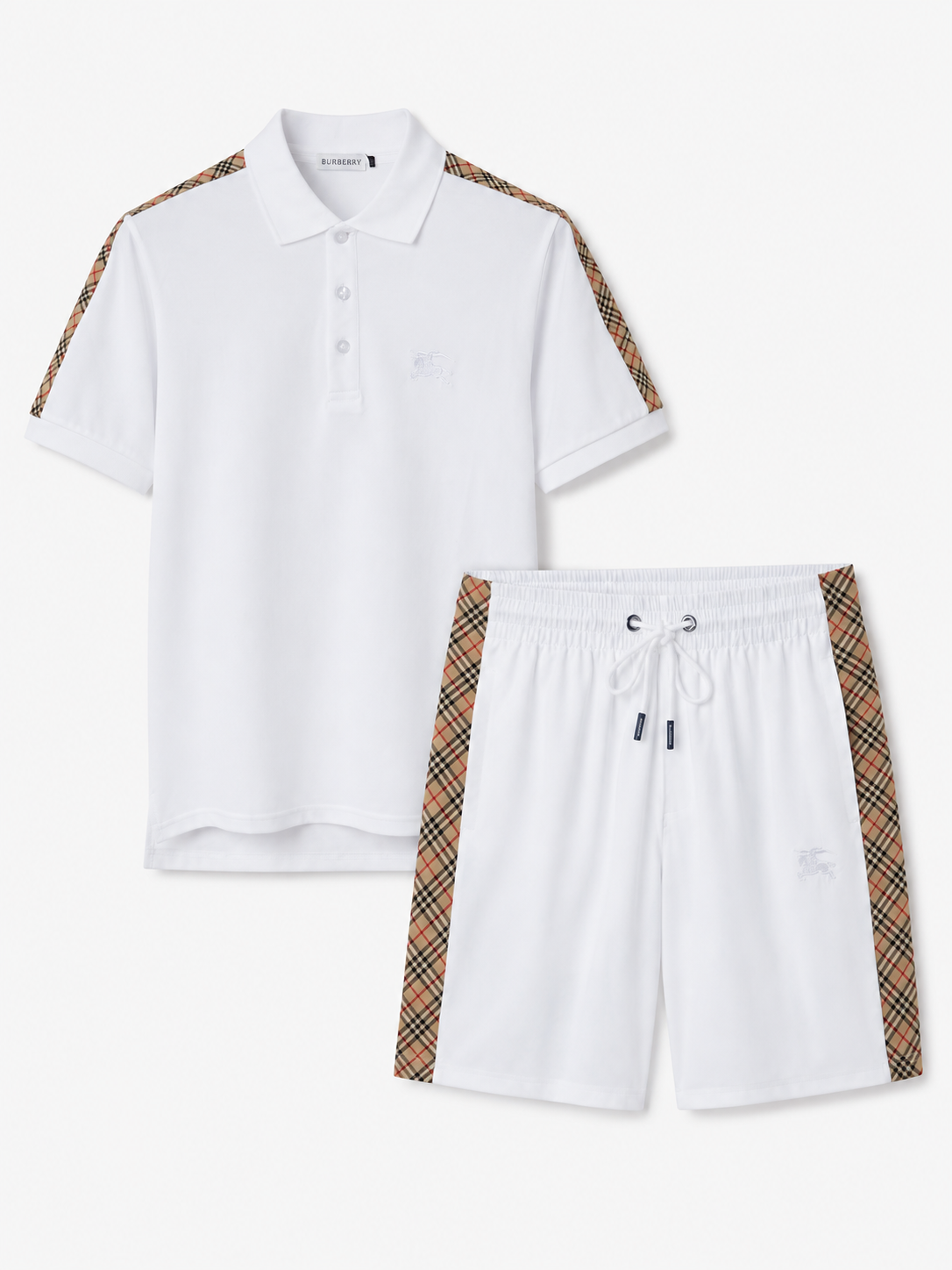 White Polo Shirt & Shorts Set – Plaid Side Detail
