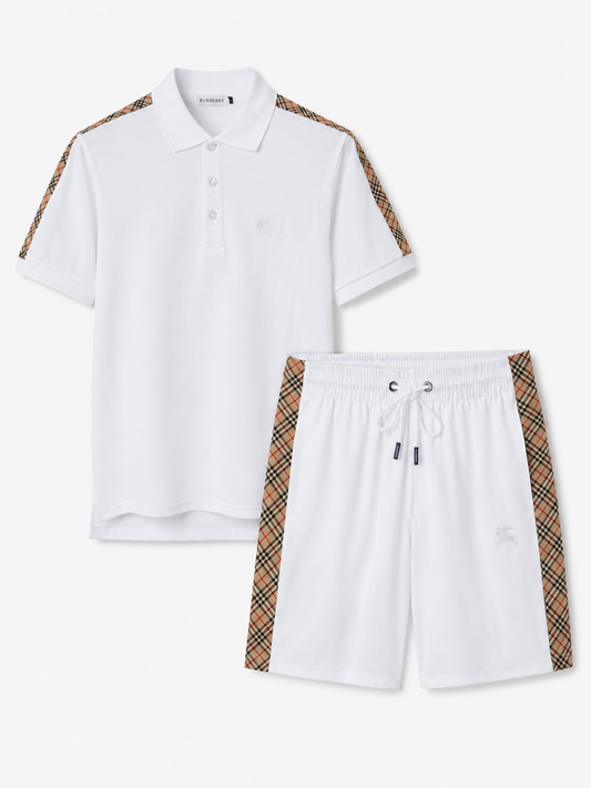 White Polo Shirt & Shorts Set – Plaid Side Detail