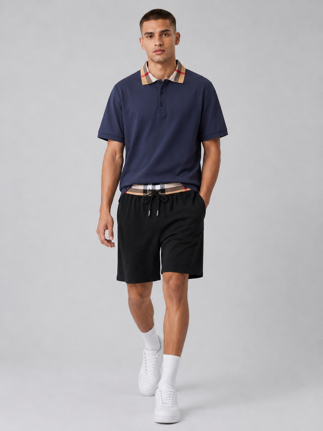 Navy Blue Polo Shirt & Shorts Two-Piece Set