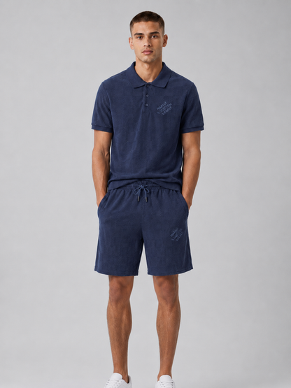Navy Textured Polo Shirt & Shorts Set