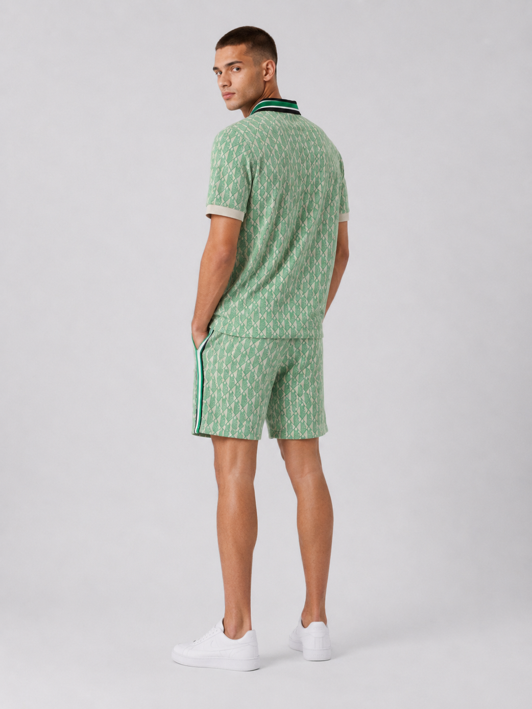 Striped Collar Lime Green Printed Cotton T-Shirt & Shorts Set